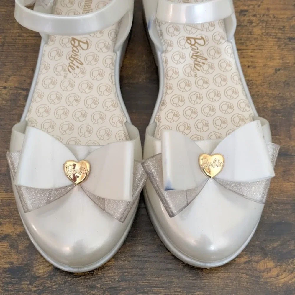 Mini Melissa Barbie Jelly Sandals Metallic White Bow Heart Vegan Big Kid Flats 4